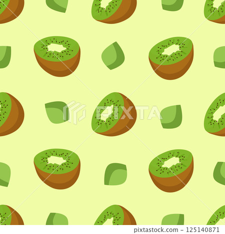 Seamless pattern with large kiwi fruits and green leaves. Botanical vector illustration on a pink background for printing on clothing, textiles, paper, fabric, packaging. Seamless pattern with large kiwi fruits and green leaves. Botanical vector illustration on a pink background for printing on clothing, textiles, paper, fabric, packaging. 125140871