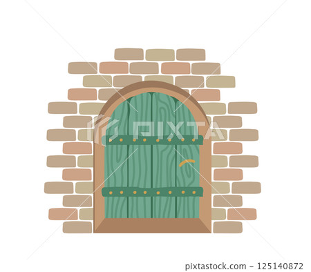 Old turquoise-colored wooden door and a brick wall. Vector fabulous vintage illustration for design or decor. Old turquoise-colored wooden door and a brick wall. Vector fabulous vintage illustration for design or decor. 125140872
