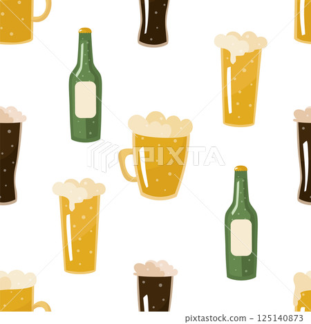 Seamless pattern with light and dark beer in a mug, glass in a bottle. Vector background for printing on paper, fabric, packaging, textiles. 125140873