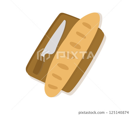 loaf of fresh baguette on a wooden board for cutting with a knife. Vector illustration in a cartoon flat style. For postcards, labels, design, banner, advertising 125140874