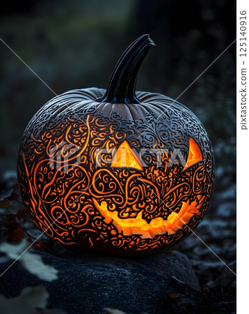 close up of halloween pumpkins on table 125140916