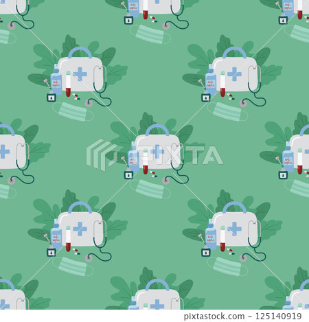 Seamless pattern with medical equipment and medicines. First aid kit, stethoscope, antiseptic, test tube. Vector illustration for printing on paper, fabric, packaging on a white background 125140919