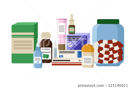 Medicines in tubes, jars, ampoules, packages and bottles. Pills, cream, nose drops, antiseptic, syrup, vitamins. Vector illustration of pharmaceutical products. 125140921