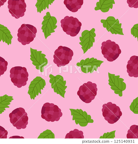 Seamless pattern with large raspberries and mint leaves on a pink background. Botanical vector illustration for printing on clothing, textiles, paper, fabric, packaging. 125140931