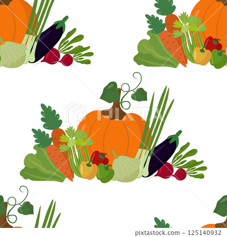 Seamless pattern with vegetables, pumpkin, carrot, onion, radish, eggplant, squash, pepper on a white background. Vector illustration for printing on clothing, textiles, paper, fabric, packaging. 125140932