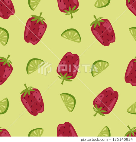 Seamless pattern with large strawberries and lime slices on a light green background. Botanical vector illustration for printing on clothing, textiles, paper, fabric, packaging. 125140934