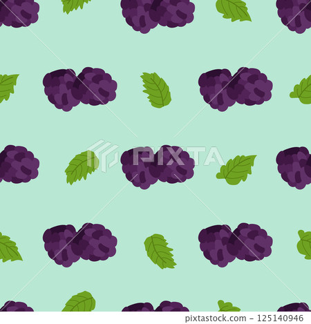 Seamless pattern with large blackberries and mint leaves on a blue background. Botanical vector illustration for printing on clothing, textiles, paper, fabric, packaging. Seamless pattern with large blackberries and mint leaves on a blue background. Botanical vector illustration for printing on clothing, textiles, paper, fabric, packaging. 125140946