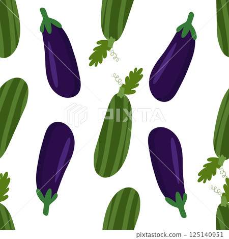 Seamless pattern with vegetables, zucchini and eggplant on a white background. Vector illustration for printing on clothing, textiles, paper, fabric, packaging. 125140951