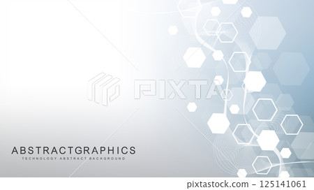 Modern scientific background with hexagons, lines and dots. Wave flow abstract background. Molecular structure for medical, technology, chemistry, science. Vector illustration Modern scientific background with hexagons, lines and dots. Wave flow abstract background. Molecular structure for medical, technology, chemistry, science. Vector illustration 125141061