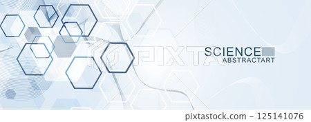 Modern scientific background with hexagons, lines and dots. Wave flow abstract background. Molecular structure for medical, technology, chemistry, science. Vector illustration Modern scientific background with hexagons, lines and dots. Wave flow abstract background. Molecular structure for medical, technology, chemistry, science. Vector illustration 125141076
