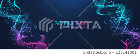 Modern abstract molecules structure for science or medical background. DNA helix or atom visualization. Molecular wave flow abstract background. Vector illustration 125141091