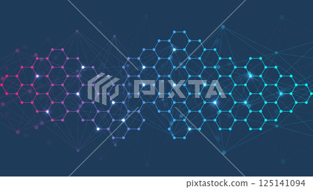 Modern scientific background with hexagons, lines and dots. Wave flow abstract background. Molecular structure for medical, technology, chemistry, science. Vector illustration Modern scientific background with hexagons, lines and dots. Wave flow abstract background. Molecular structure for medical, technology, chemistry, science. Vector illustration 125141094