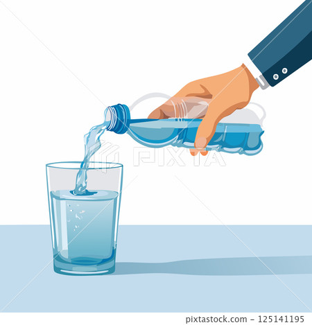 A clean, modern vector illustration of a hand pouring water from a plastic bottle into a glass. 125141195
