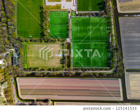 A top-down aerial view of multiple football fields surrounded by blooming tulip fields and narrow canals, blending sports infrastructure with the colorful Dutch agricultural landscape. 125141533
