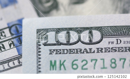 A CloseUp Image of a 100 Dollar Bill Featuring Detailed Federal Reserve Elements and Design 125142102
