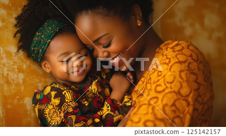 Heartwarming mother and daughter embrace in colorful traditional attire. Little biracial patient 125142157