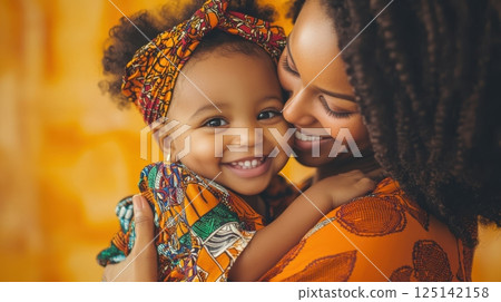 Mother and child bonding moment in colorful traditional clothing. Little biracial patient 125142158