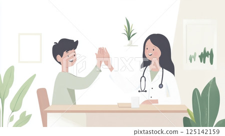 Doctor and child high-fiving in clinic setting for healthcare and trust. Little biracial patient 125142159