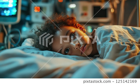 Child resting in hospital bed with medical equipment surrounding. Little biracial patient 125142169