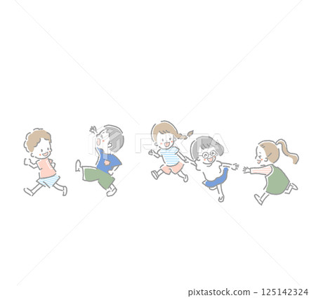 Pastel color illustration of children running at their own pace 125142324