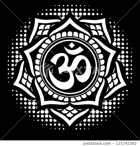 Intricate Black and White Om Symbol Mandala with Detailed Patterns Intricate Black and White Om Symbol Mandala with Detailed Patterns 125142362