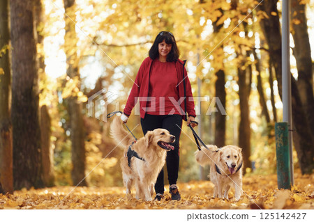 Woman in red jacket is on the walk with her two dogs in the autumn forest 125142427