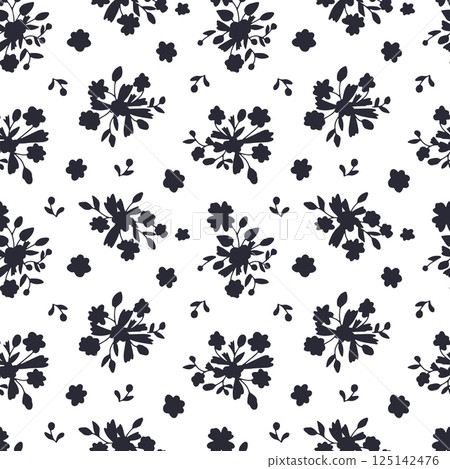 Monochrome ditsy floral seamless pattern on white background. Hand drawn vintage backdrop with tiny flower bouquet silhouettes. Cottagecore texture 125142476