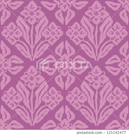 Monochrome purple brush strokes inky flowers seamless pattern damask style 125142477