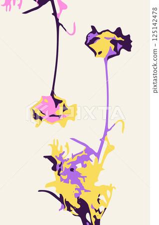 Abstract minimalist floral card with leaves and flowers. Vertical background with modern whimsical botanical design 125142478