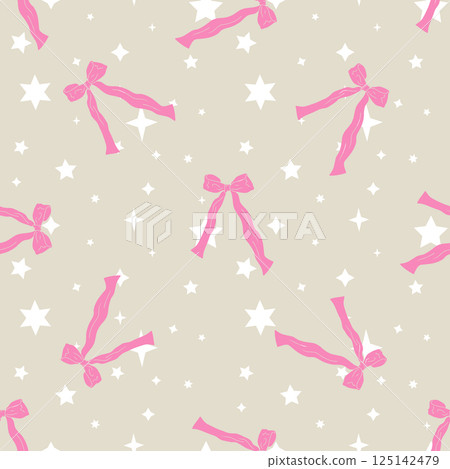 Seamless pattern with cute hand drawn fancy pink bow knots and stars. Pretty retro coquettes wallpaper. Vintage romantic repeat background 125142479