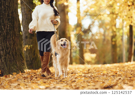 Woman is on the walk with her dog in the autumn forest at daytime Woman is on the walk with her dog in the autumn forest at daytime 125142537