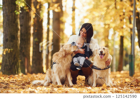 Sitting on the ground. Mother with toddler and with two dogs are in the autumn forest 125142590