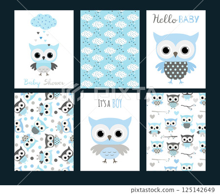 Vector baby shower invitation templats or greeting cards with cute owl animals in blue and grey colors for boys Vector baby shower invitation templats or greeting cards with cute owl animals in blue and grey colors for boys 125142649