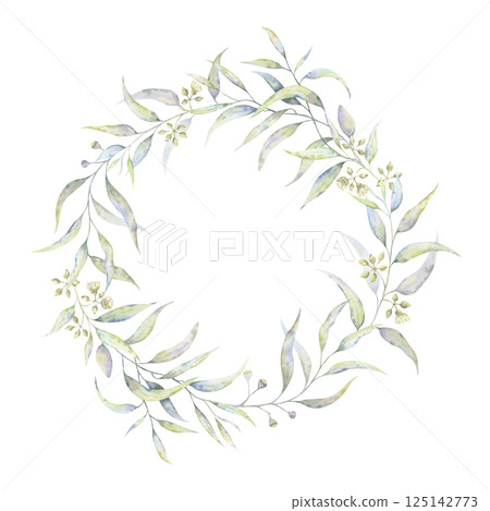 Watercolor eucalyptus wreath with blossoms. Hand-painted illustration in translucent tones. Soft botanical circle. Perfect for natural cosmetic labels, wedging invitations, eco packaging, home decor 125142773