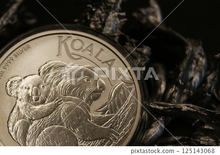 Australian pure silver coin in capsule 1 dollar Koala 2023 close-up. 125143068
