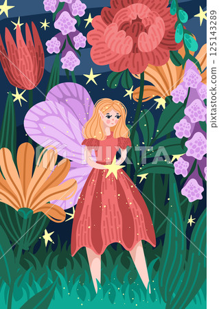 Fairy girl in red dress walking in magical night garden. Whimsical vector scene with stars and fantasy flowers. Enchanted forest illustration with glowing sky for fairy tale prints and 125143289