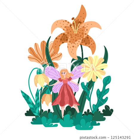 Fairytale illustration of spring garden and blonde fairy. Whimsical plants, orange flowers, and green lush. Fantasy themed artwork with dreamy color palette. Great for magical garden and nature decor 125143291
