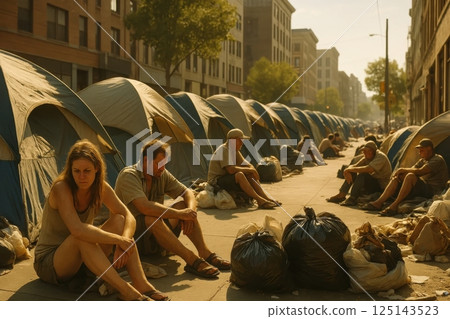 Tents lining a city street, with people sitting forlornly, capturing the themes of economic crisis, homelessness, and social challenges. 125143523