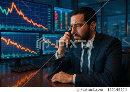 A businessman examines declining financial market graphs on several monitors, indicating an economic downturn and unpredictability. 125143524