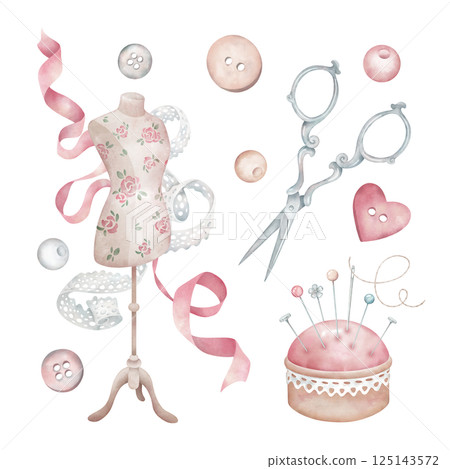 Watercolor composition with mannequin, satin ribbon, white lace, buttons, scissors and pincushion. Hand drawn dress dummy, sewing accessories for atelier isolated on white. Clipart for design. 125143572