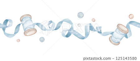 Blue ribbon and spools, seamless border. Satin curly ribbon, buttons and beads composition. Graphic element in watercolor style for lovely design. Blue ribbon and spools, seamless border. Satin curly ribbon, buttons and beads composition. Graphic element in watercolor style for lovely design. 125143580