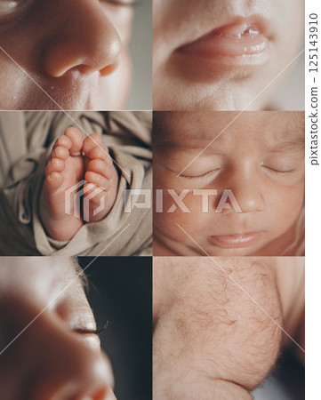 A newborn baby is wrapped in diapers with a wool cap in a basket. Swaddling, maternity hospital, family, ivf, life planning, parenting. A mother's love for her child. Baby food. High quality photo 125143910