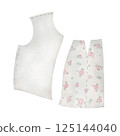 Stylized garment pattern in watercolor style. Hand drawn illustration of dressmaking elements with stitches and flower pattern for design. 125144040