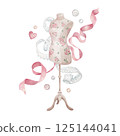 Mannequin, satin ribbon, white lace, buttons, beads in watercolor style. Dress dummy, sewing accessories composition isolated on white. Clipart for postcards. 125144041