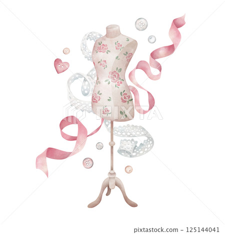 Mannequin, satin ribbon, white lace, buttons, beads in watercolor style. Dress dummy, sewing accessories composition isolated on white. Clipart for postcards. 125144041