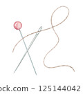 Sewing needle with a thread, straight pin illustration. Composition with embroidery tools in watercolor style. Hand drawn design element. 125144042