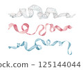 Decorative ribbons set. White cotton lace, red and blue satin ribbon. Sewing accessories in watercolor style, design elements. 125144044