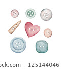 Sewing buttons set in watercolor style. Heart shaped wooden and plastic buttons illustration. Hand drawn elements for design. 125144046