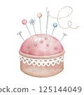 Pincushion with needles and straight pins. Tailor accessory for needlework isolated on white. Clipart in watercolor style 125144049