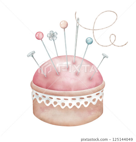 Pincushion with needles and straight pins. Tailor accessory for needlework isolated on white. Clipart in watercolor style 125144049
